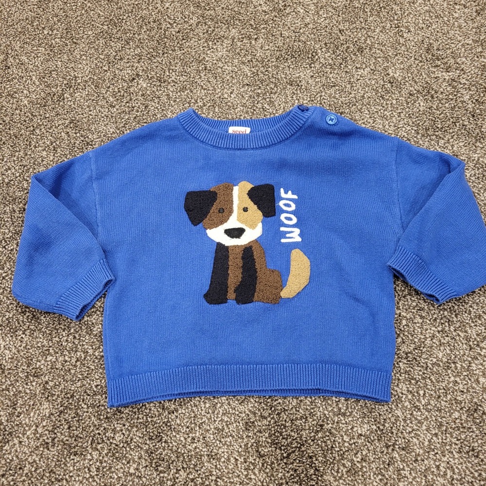 Seed Heritage Blue Cotton Knit Dog Woof Sweater 12-18 Months Shoulder Buttons